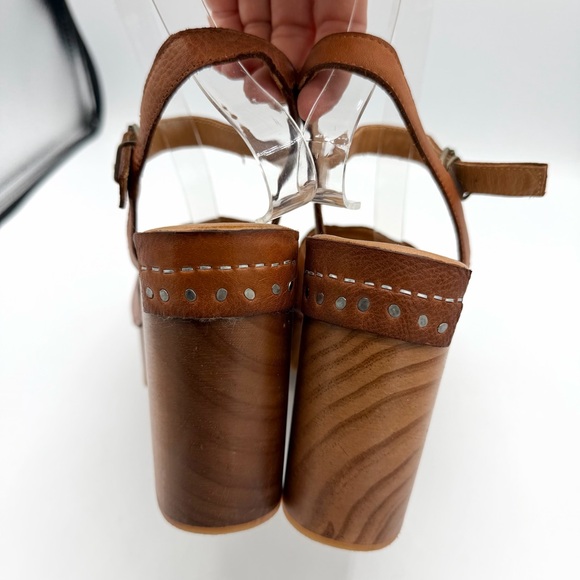 Orion Woven Clogs Teak Tan Platform Sandals wood base leather upper - Picture 8 of 9